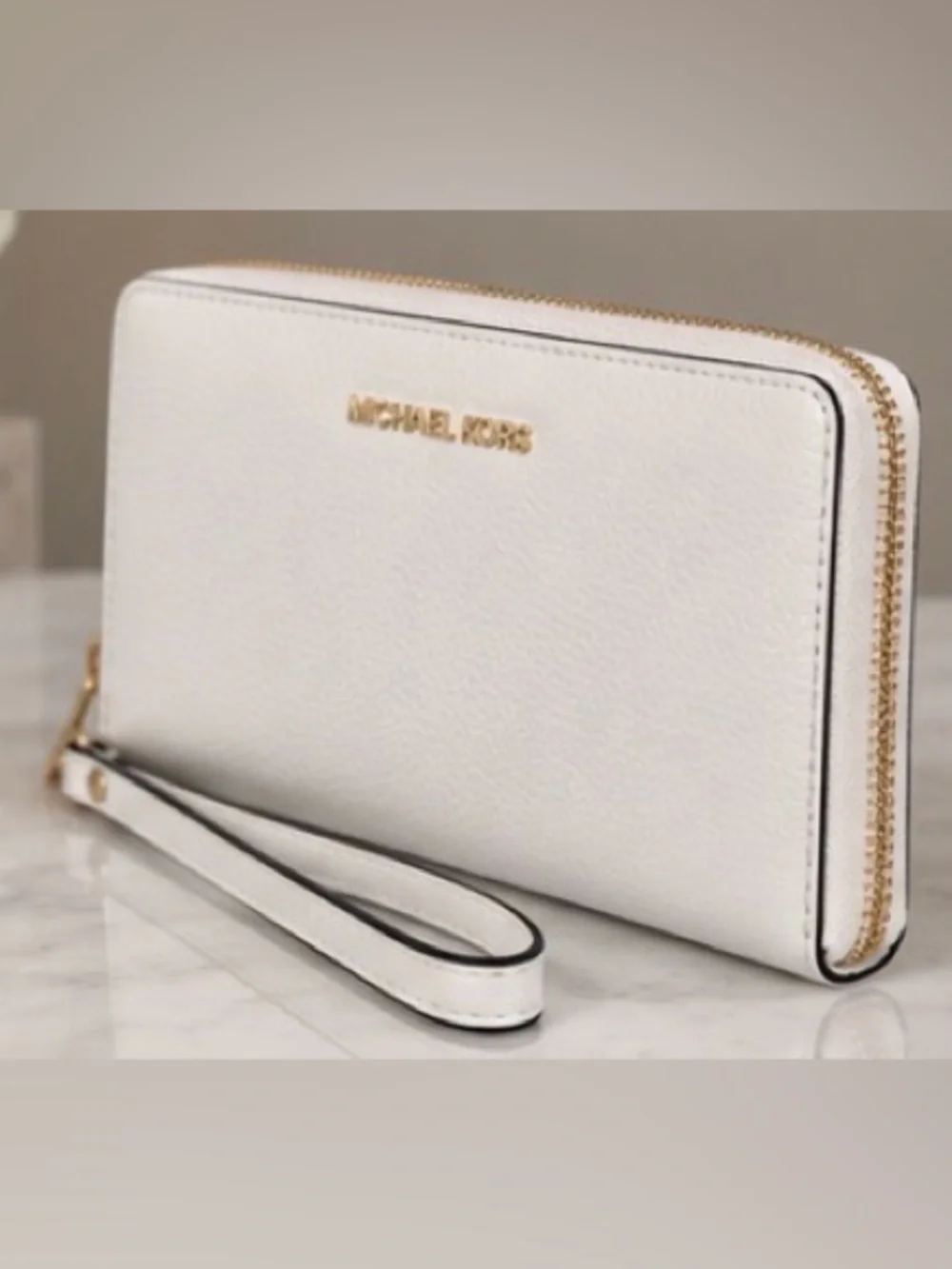 Michael Kors White Pebbled Leather Zip Wristlet with Gold-Tone Hardware